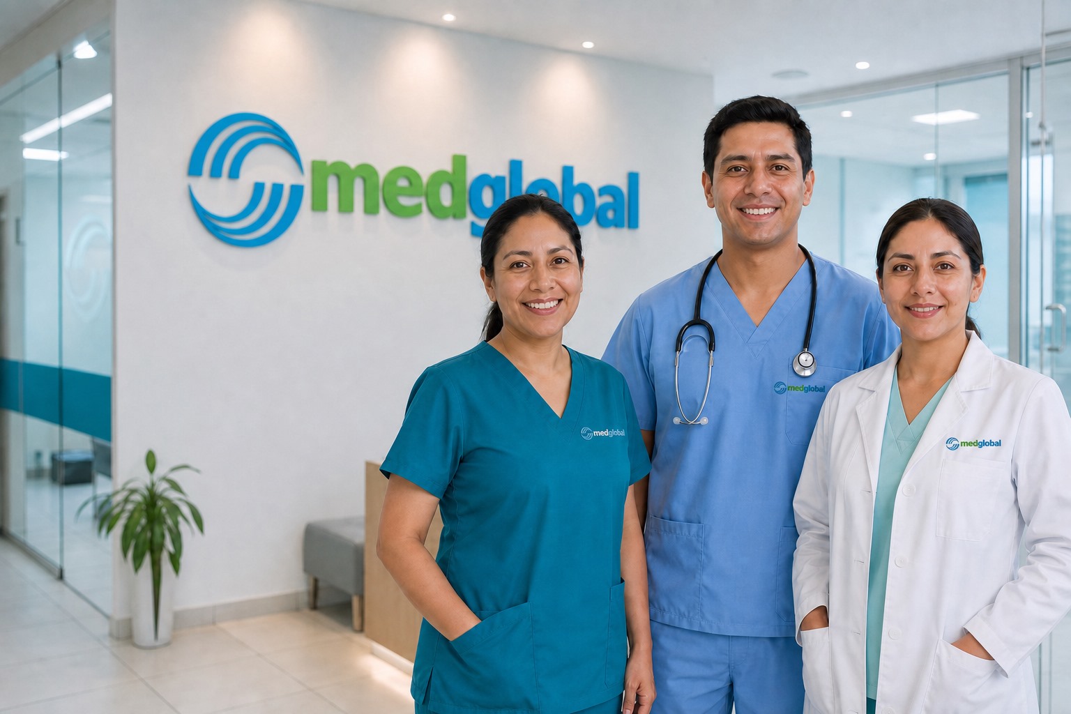 Equipo de salud MEDGLOBAL con logos bordados en sus uniformes