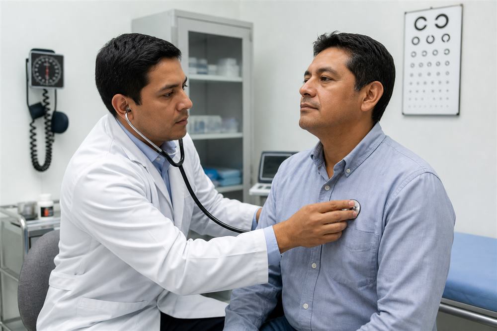 Médico evaluando a un trabajador durante un examen médico ocupacional