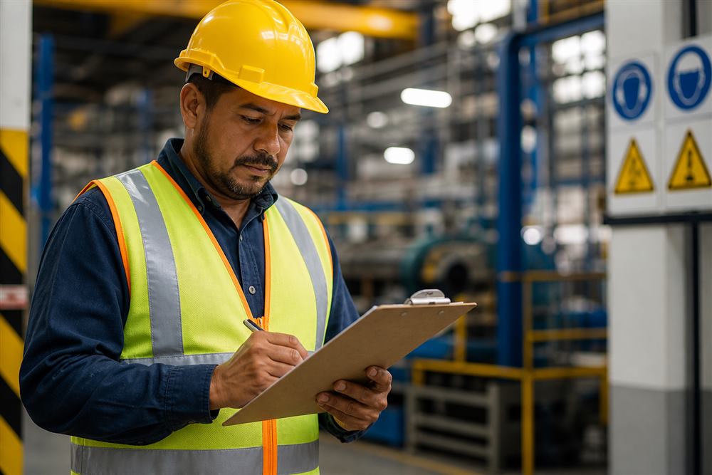 Supervisor de seguridad industrial con casco y chaleco revisando protocolos SSO