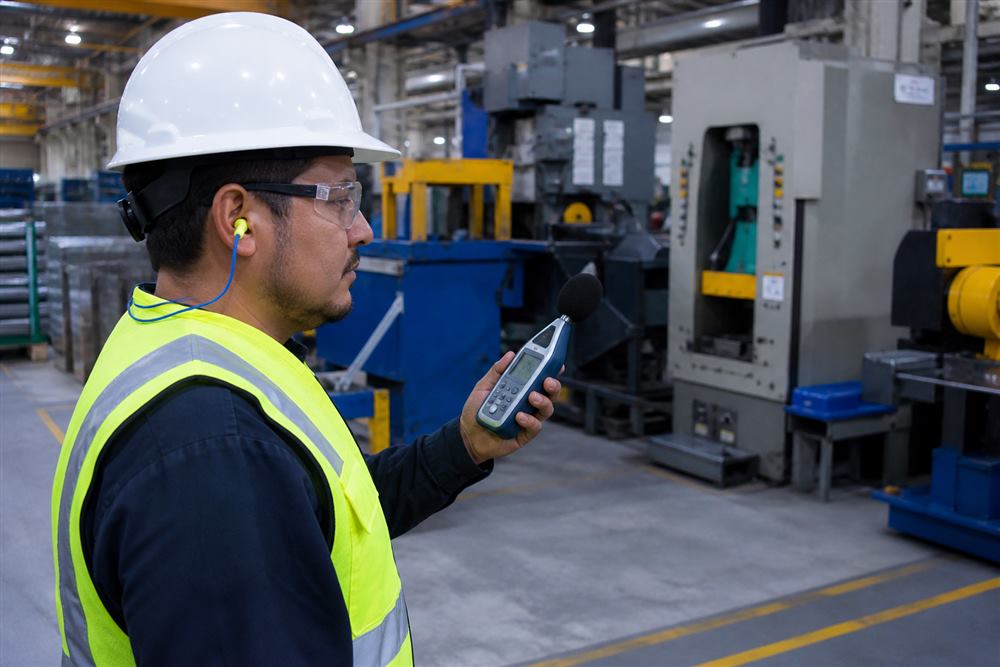 Técnico midiendo ruido y agentes físicos en planta industrial con sonómetro