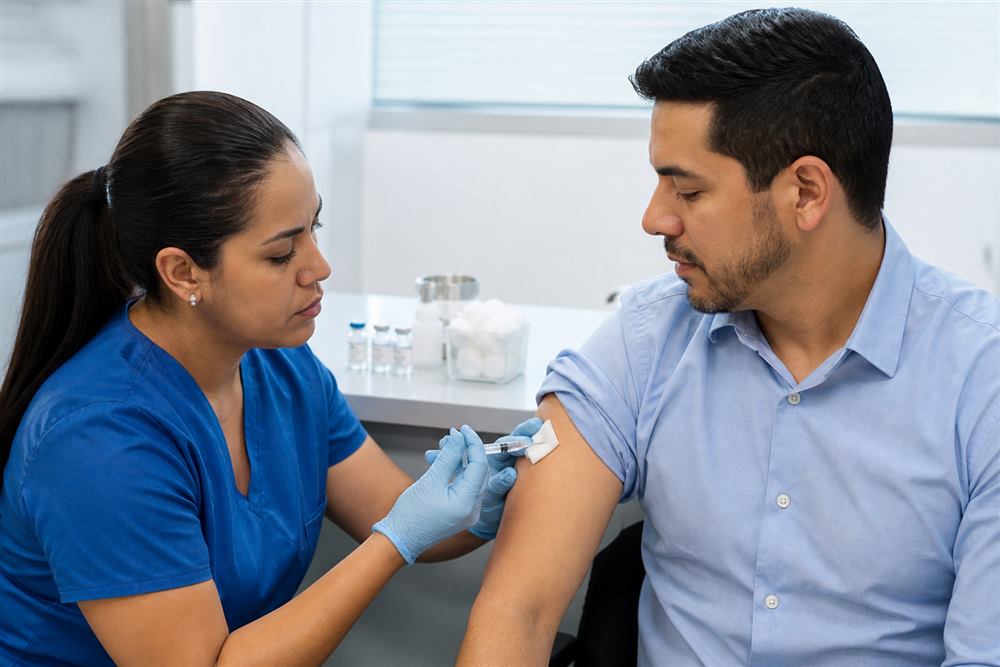 Profesional de salud aplicando vacuna a colaborador en campaña empresarial